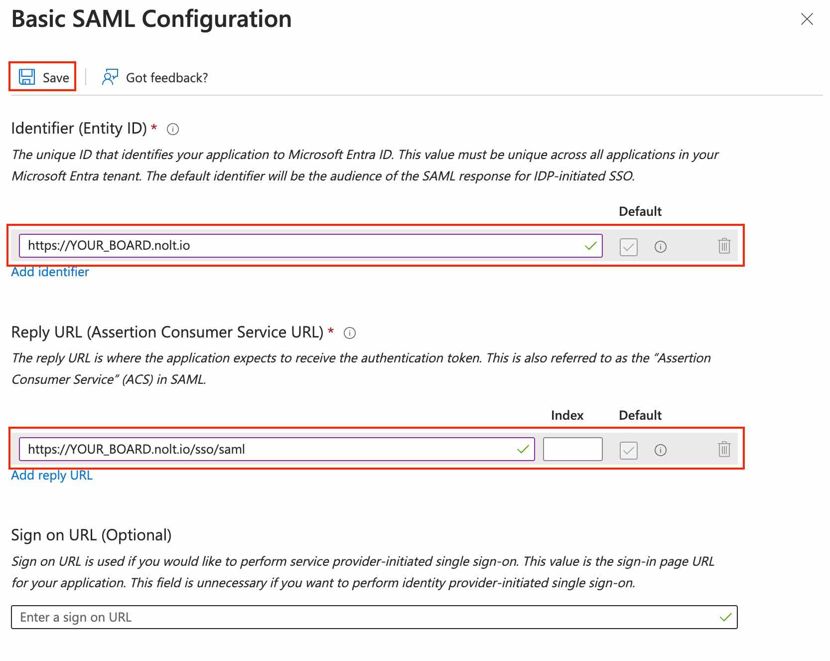 Azure SAML basic config