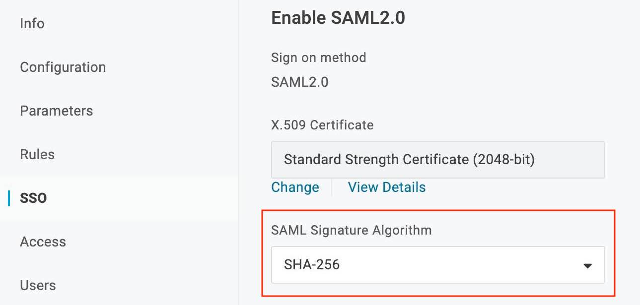 OneLogin SAML signature algorithm