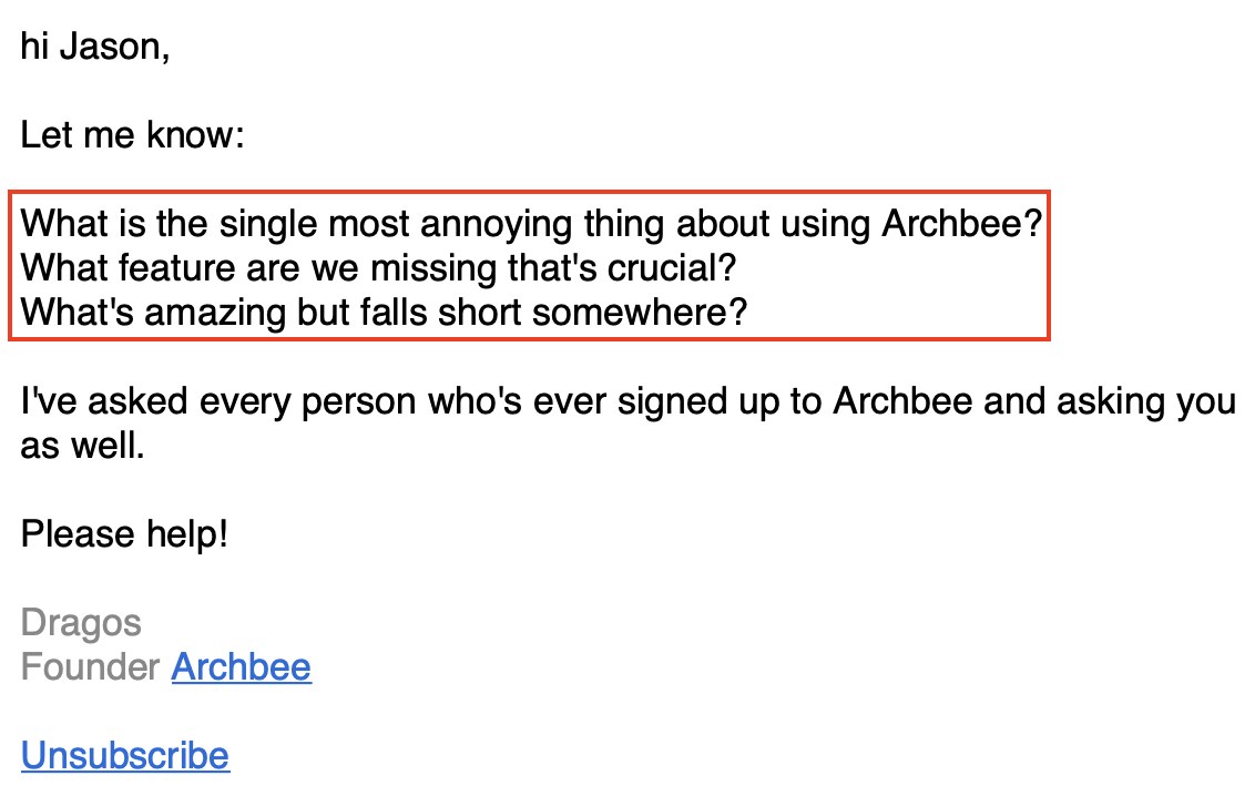 Archbee Feedback Email Example Image